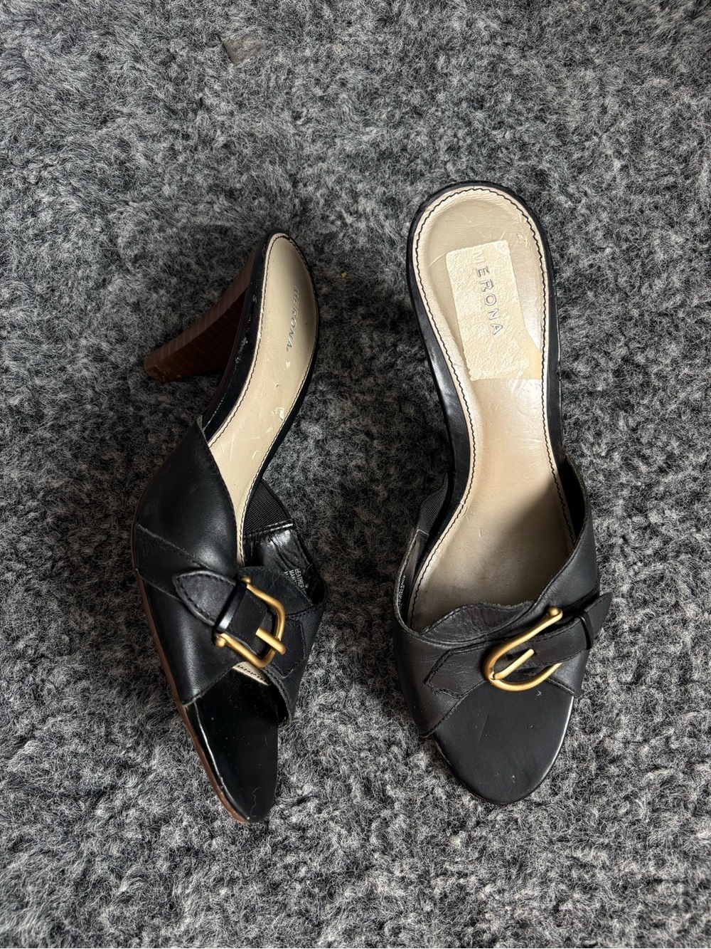 Merona Black Leather Open-Toe Mules with Gold Buckle